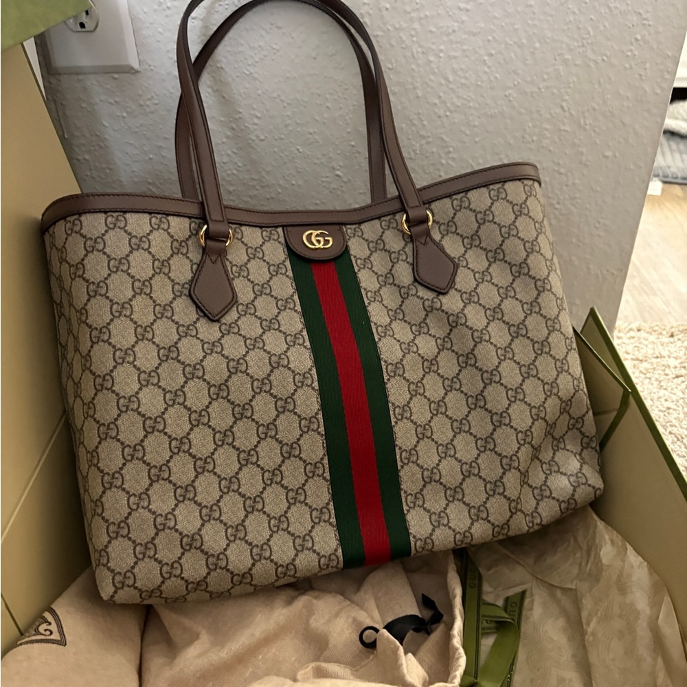 Gucci Beige Monogram Tote with Green and Red Web Stripe